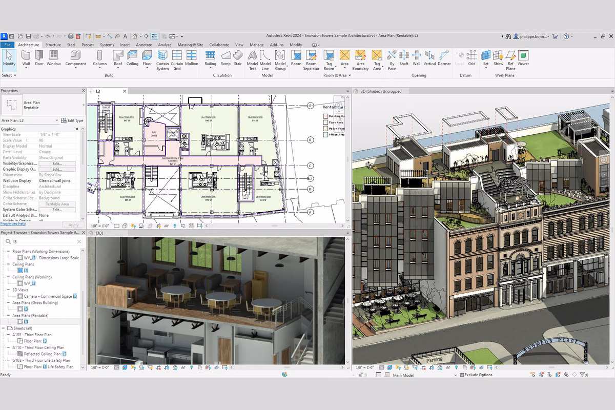 Autodesk Revit interface showing an architectural floor plan, a 3D interior view, and a detailed exterior building model with design and modeling tools visible across the workspace.