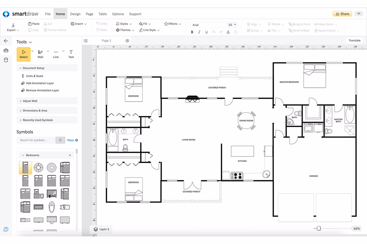 SmartDraw interface displaying a residential floor plan with bedrooms, bathrooms, kitchen, dining room, living room, garage, and covered porches, with drawing and symbol tools visible in the side and top menus.