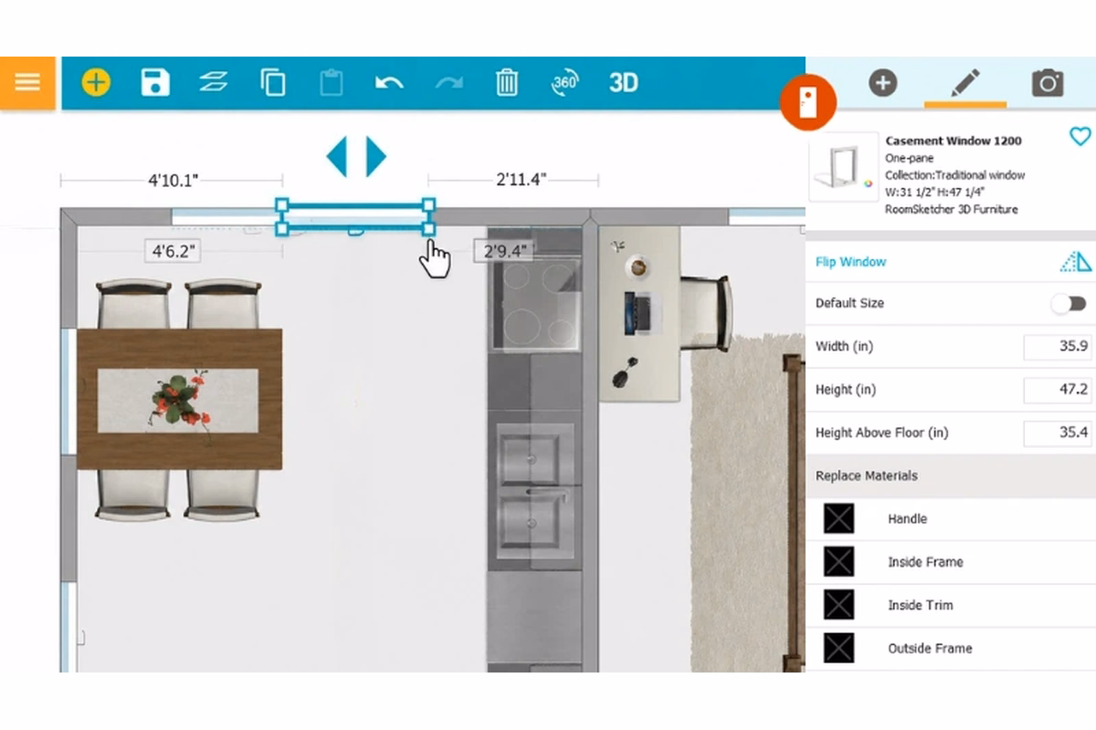 RoomSketcher interface showing a top-down room layout with a dining table, kitchen fixtures, a selected window, and a right-side settings panel for editing window dimensions and materials.
