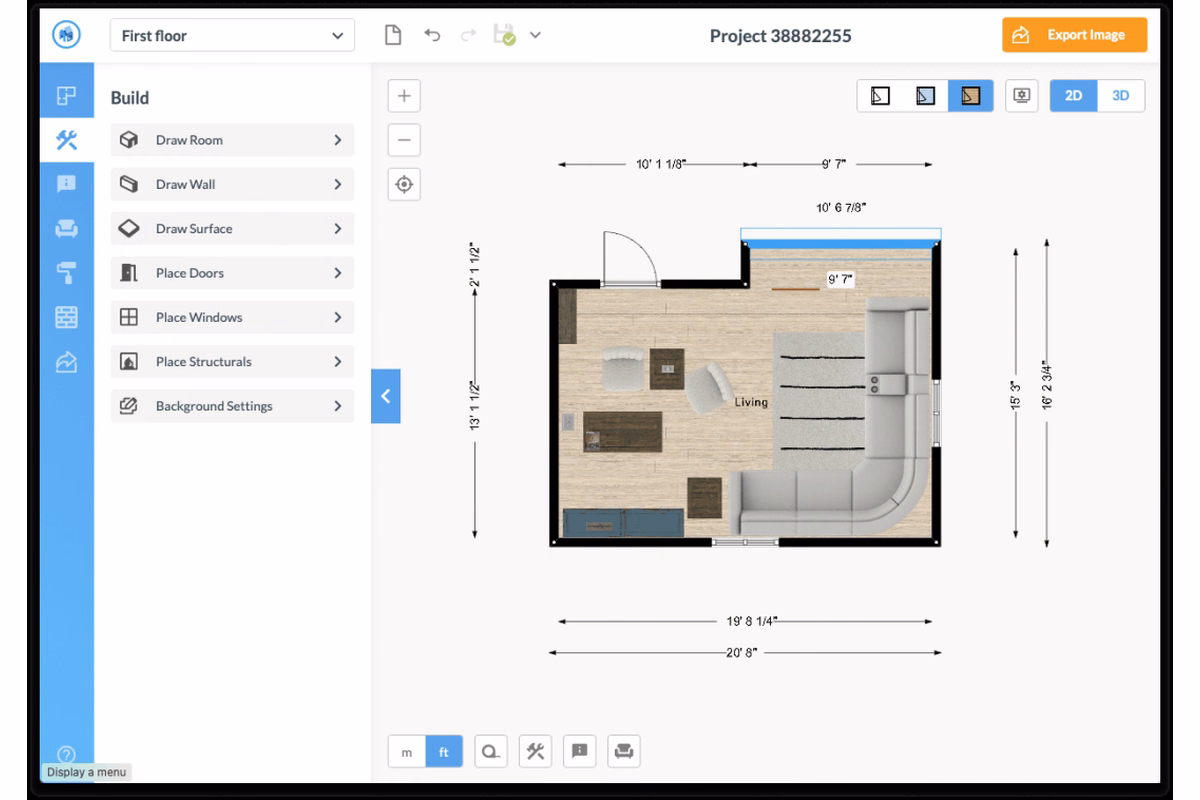 Floorplanner design software interface showing a furnished living room layout with room dimensions, wall measurements, and tools for drawing rooms, walls, doors, windows, and structural elements. 
