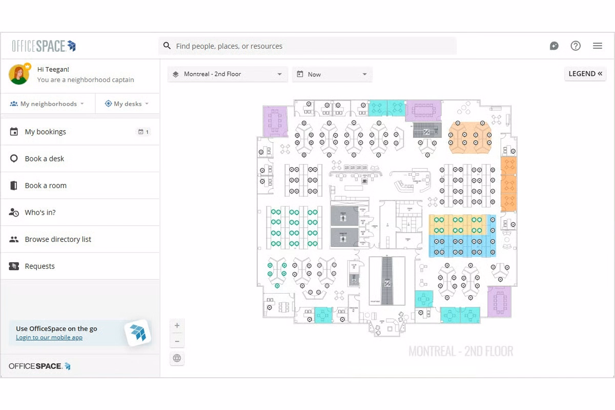 OfficeSpace workplace management interface showing a Montreal second-floor office plan with color-coded desk and room areas, booking options, employee tools, and navigation controls.
