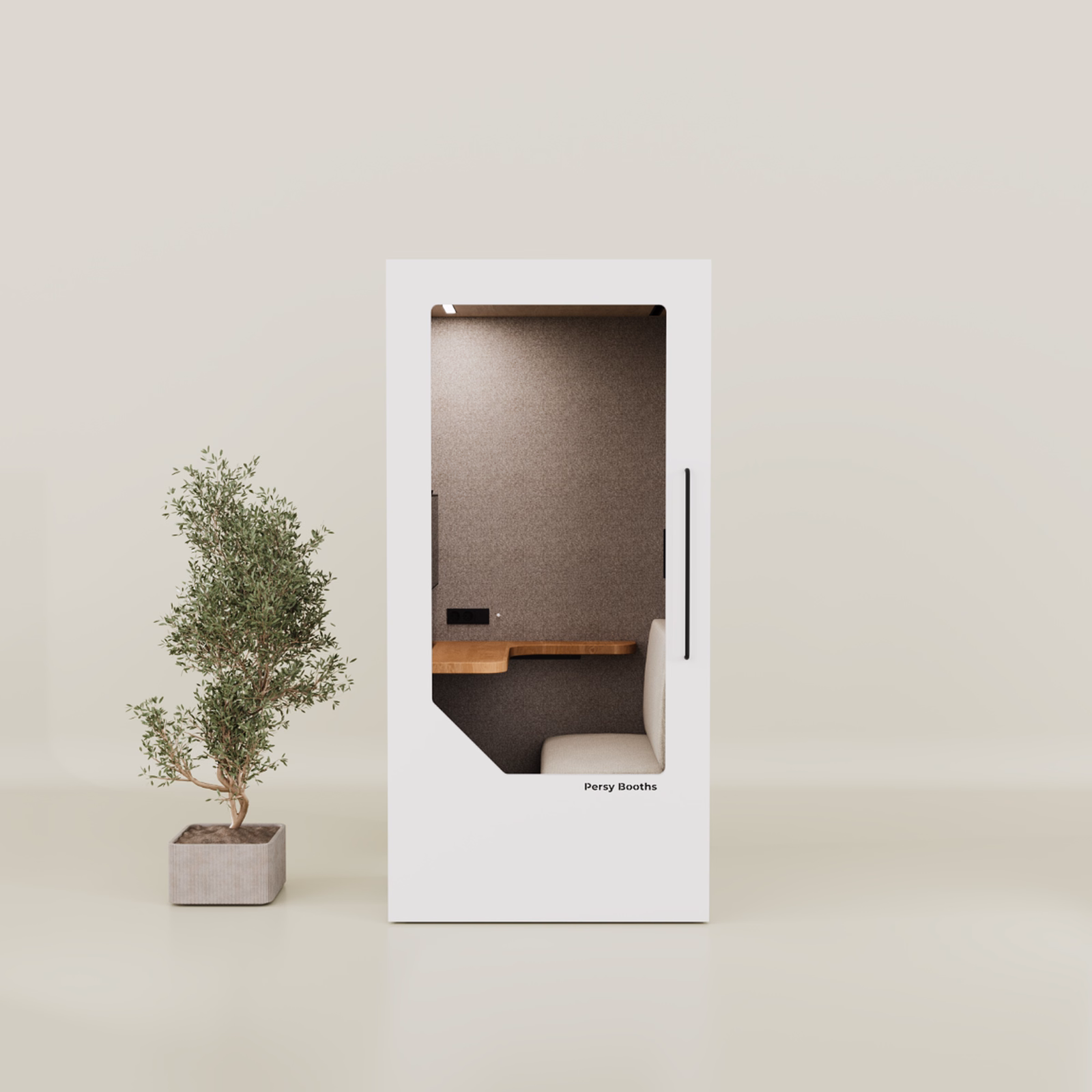 White Persy Work acoustic office booth with a glass door and black handle, shown in a minimalist beige interior next to a potted tree.