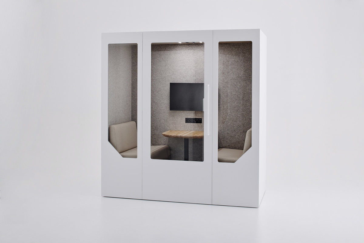 White Persy Two acoustic meeting booth with two facing seats, a central wooden table, integrated monitor, and grey acoustic interior.
