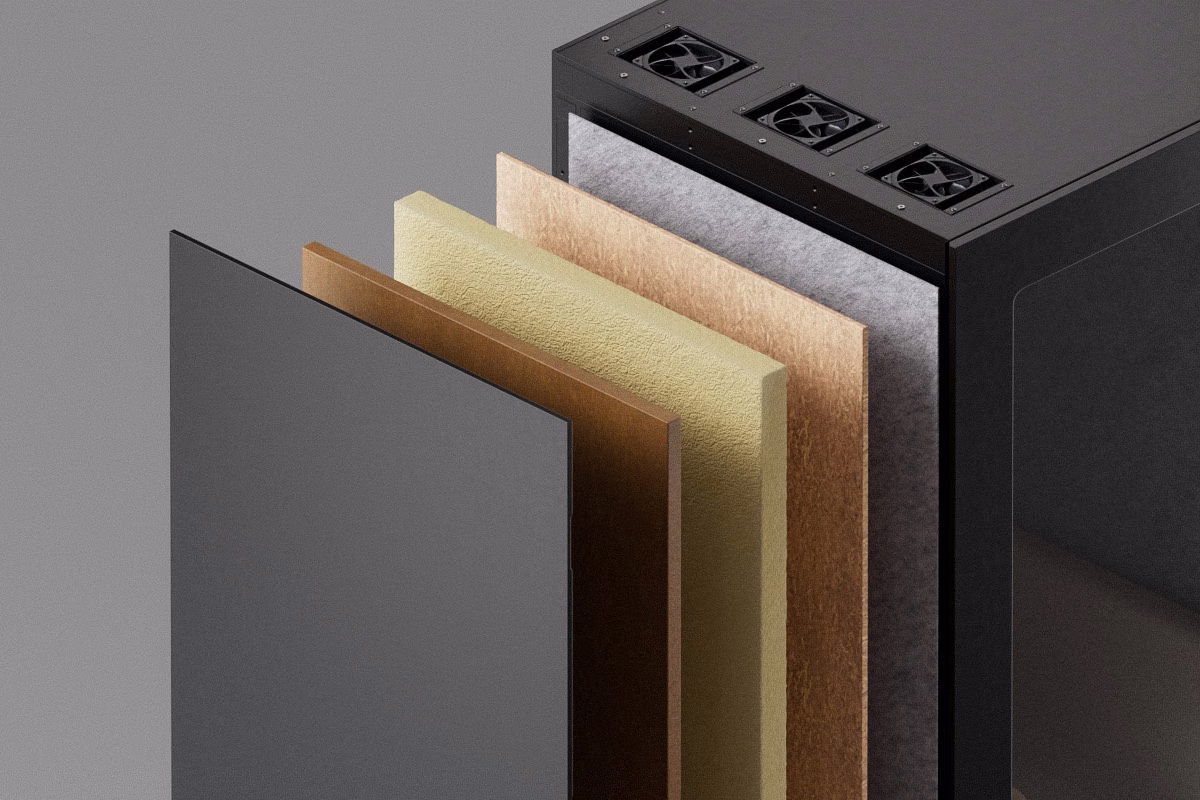 Exploded view of a Persy acoustic booth wall showing the multiple soundproofing and insulation layers, with the ventilation fans visible at the top.