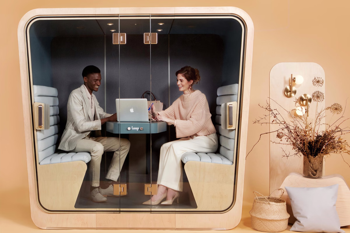 Wooden glass-fronted office meeting pod with two smiling colleagues working on a laptop inside, next to dried flowers and a wicker basket.