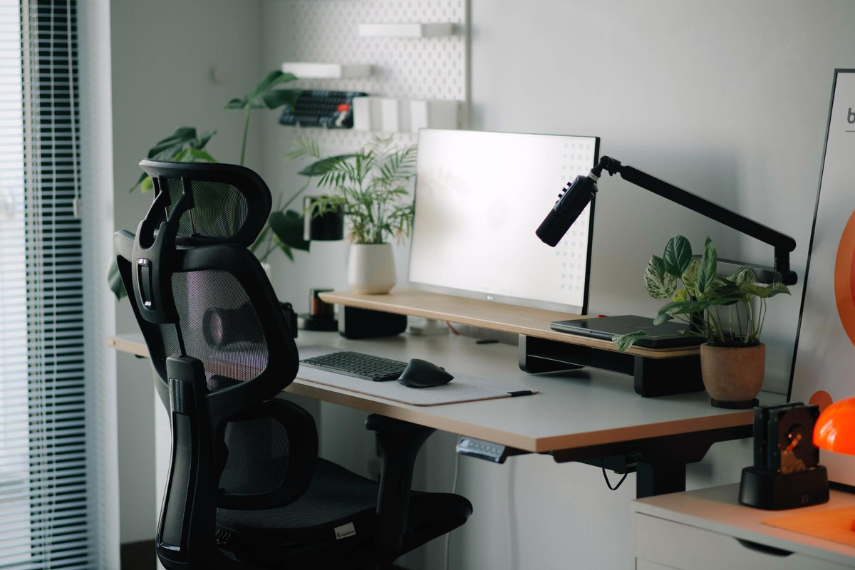 Modern ergonomic home office workspace with an adjustable desk, computer monitor, black office chair and indoor plants.