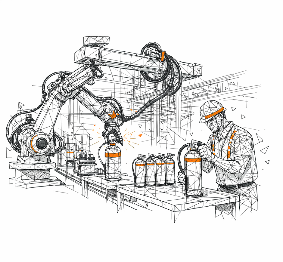 A modern geometric-style illustration graphic depicting an industrial robotic arm on a production line interacting with a fire extinguisher