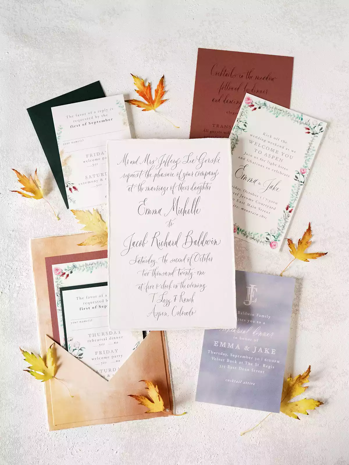 wedding invitation suite with leaves