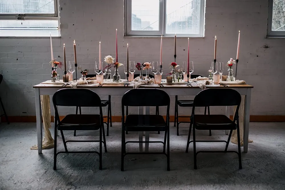Table Decor Tall Candles Flowers Cream Runner Grub Manchester Wedding Sarah Glynn Photography