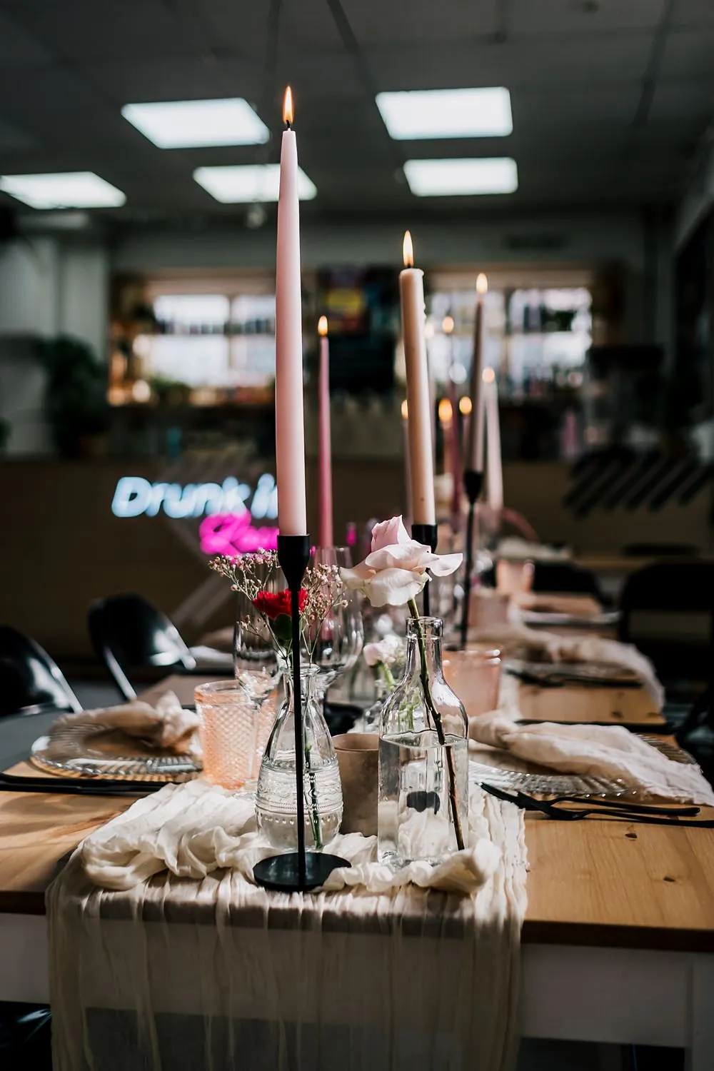 Table Decor Tall Candles Flowers Cream Runner Grub Manchester Wedding Sarah Glynn Photography