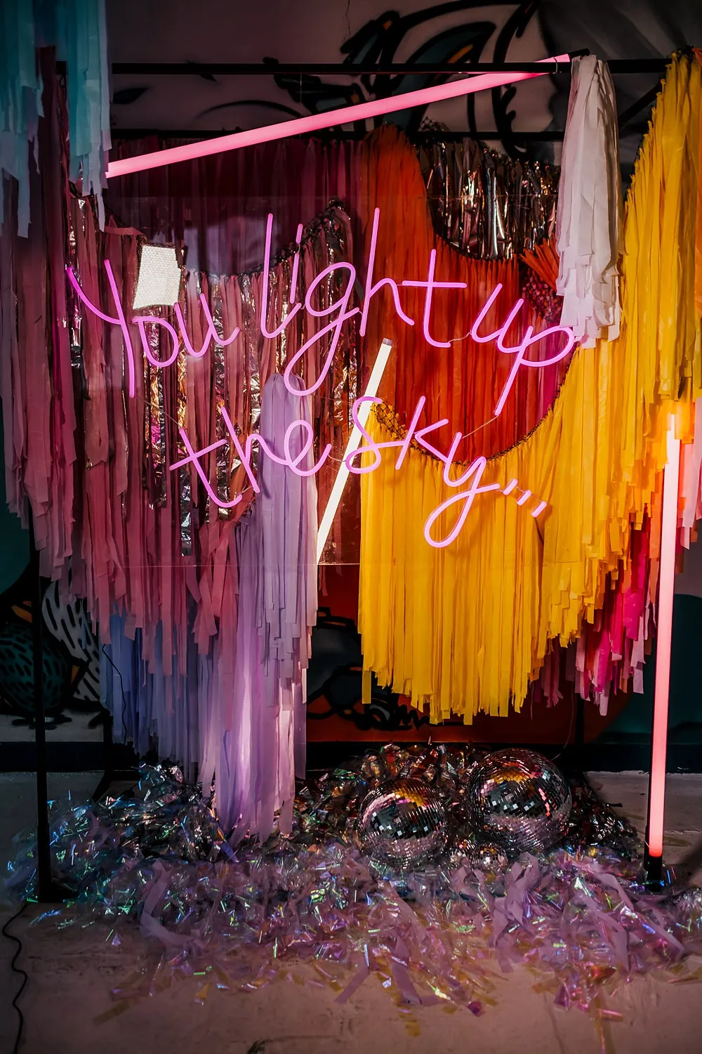 Streamers Neon Sign Backdrop Decor Grub Manchester Wedding Sarah Glynn Photography