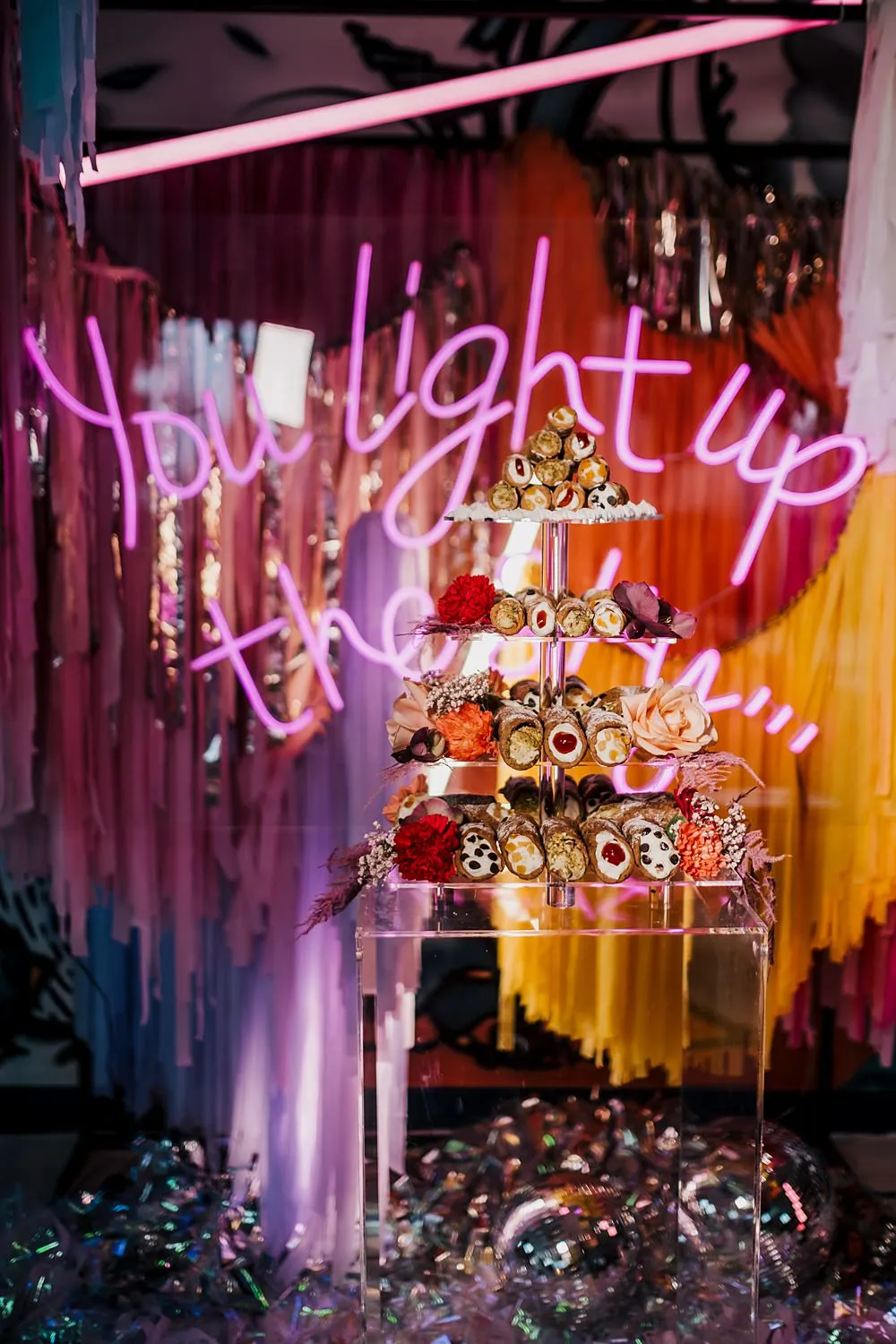 Streamers Neon Sign Backdrop Decor Grub Manchester Wedding Sarah Glynn Photography