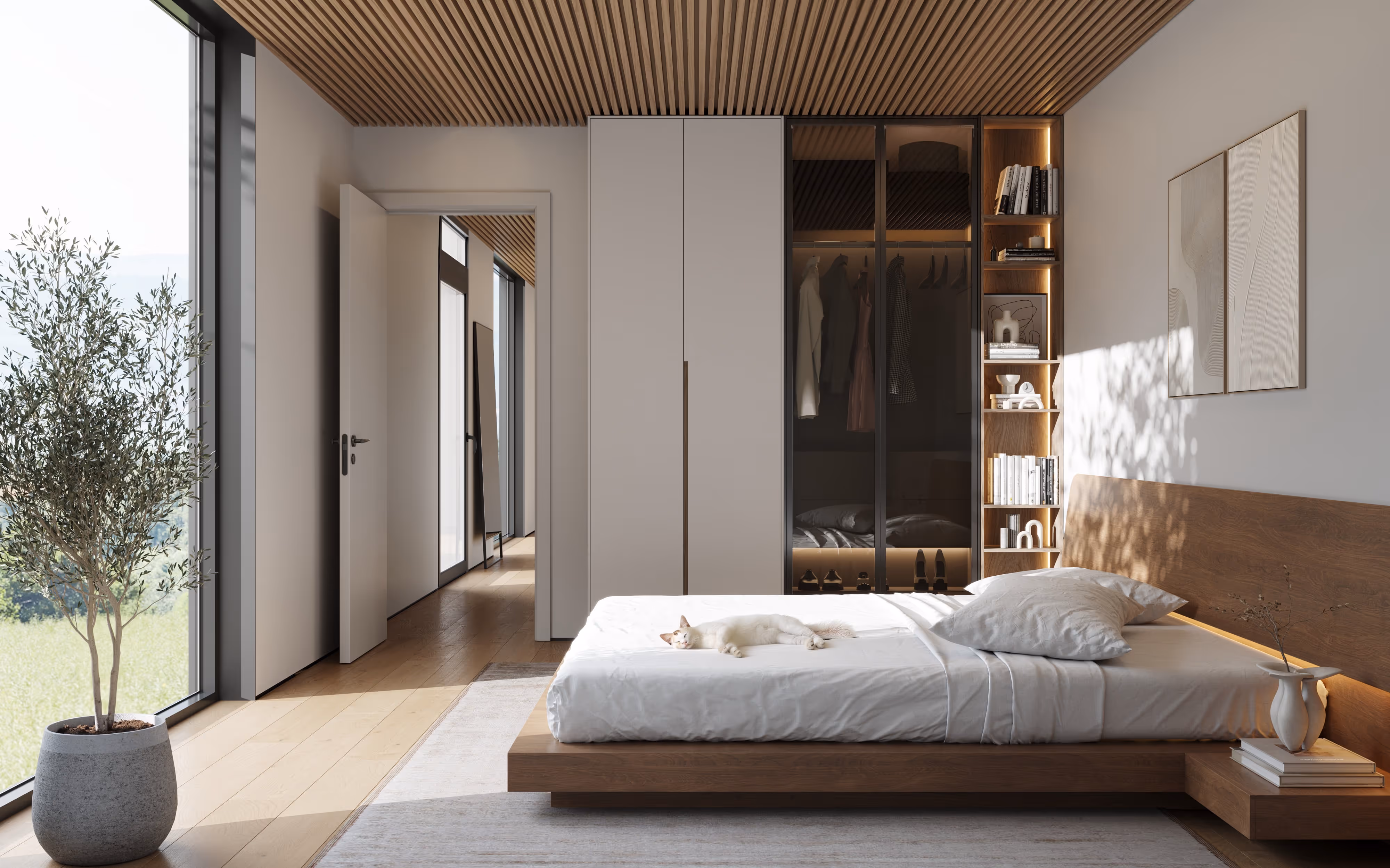 Interior of passive house with finishes made of organic materials used in modular houses BIOBUILDS.