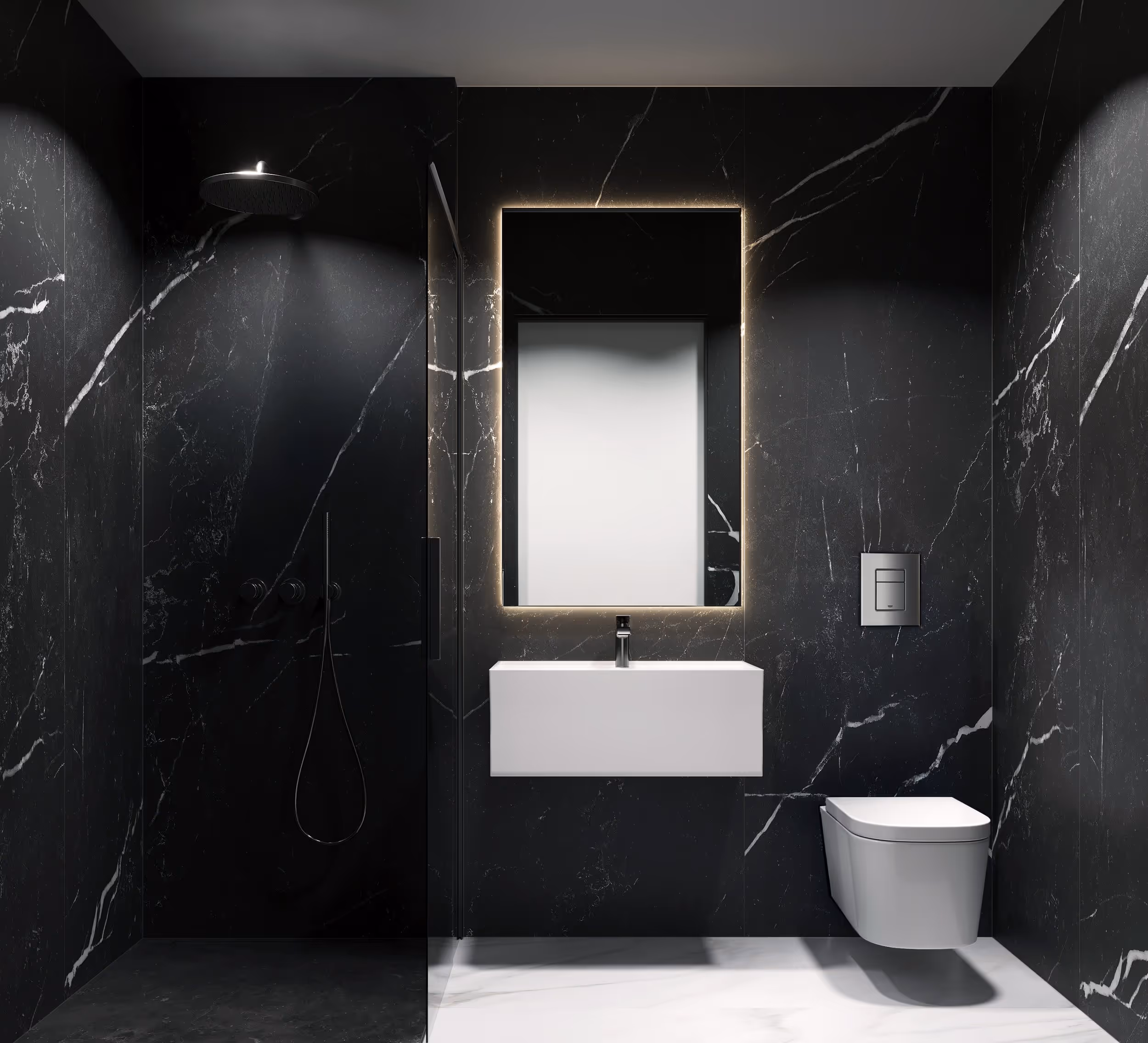 Baie BIOBUILDS Modular, interior cu finisaje premium dintr-o casă modulară pasivă.