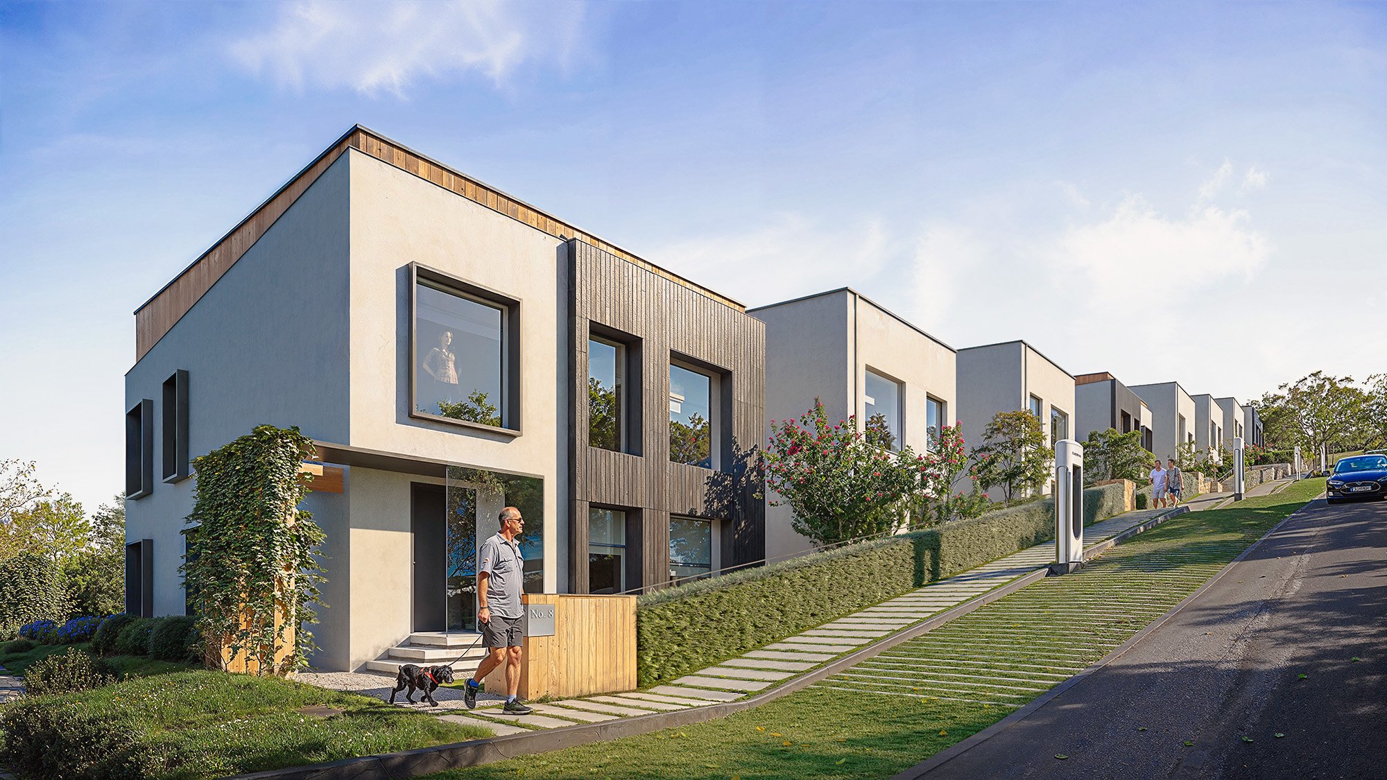 Fotografie din ansamblul SOL Residence de BIOBUILDS, prima stradă de locuințe pasive din Europa. 