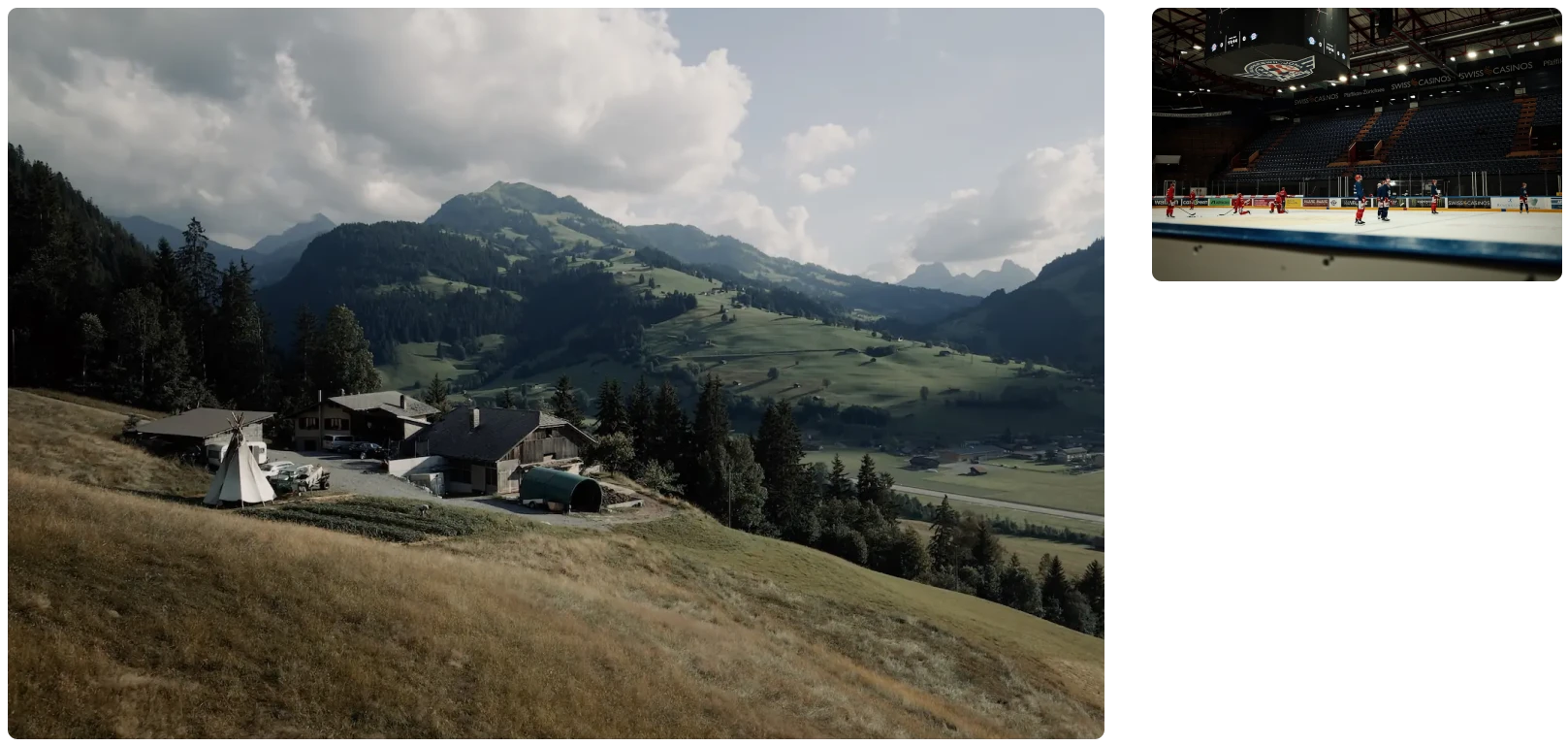 Header Bild mit Fänglihof in Zweisimmen und Bild der Rapperswil Jona Lakers beim Training 2025 