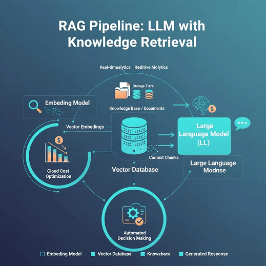 RAG pipeline with vector DB, embeddings, and storage tiers