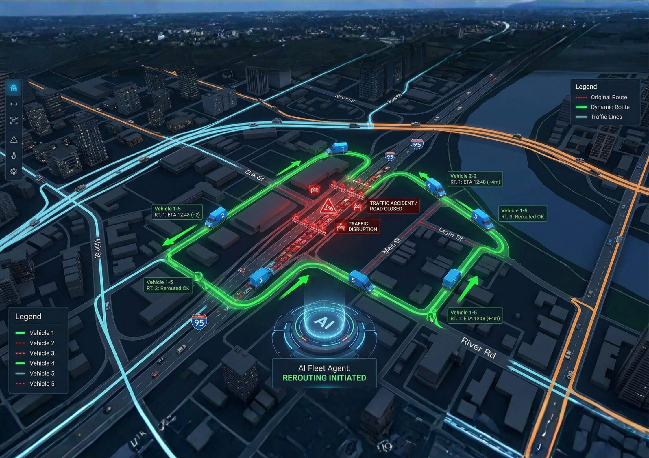 Animated route map showing an AI agent dynamically rerouting a fleet of 5 vehicles around a traffic disruption in real time