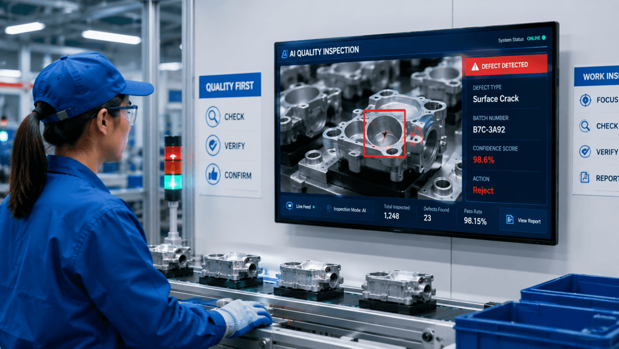 Factory worker reviewing AI defect detection screen at quality inspection station