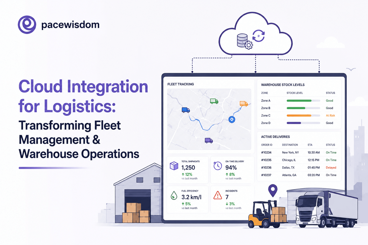 Cloud integration for logistics connecting real-time fleet tracking and warehouse management on one platform