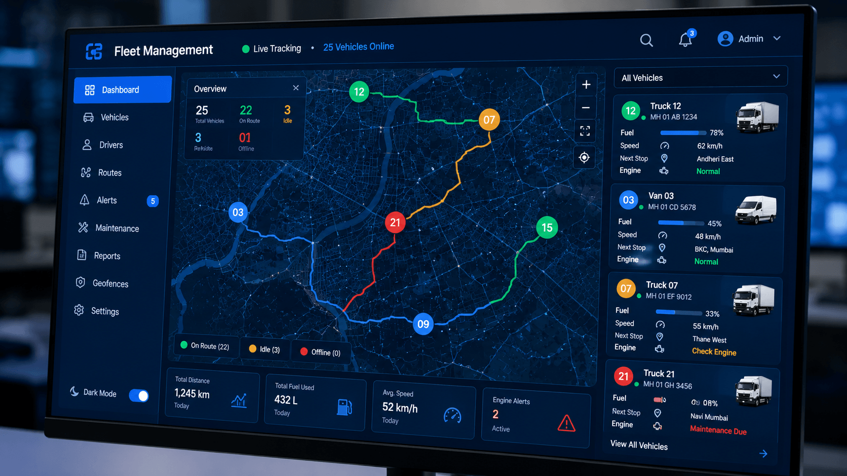 Fleet management software dashboard showing real-time fleet tracking with live vehicle positions and route optimization