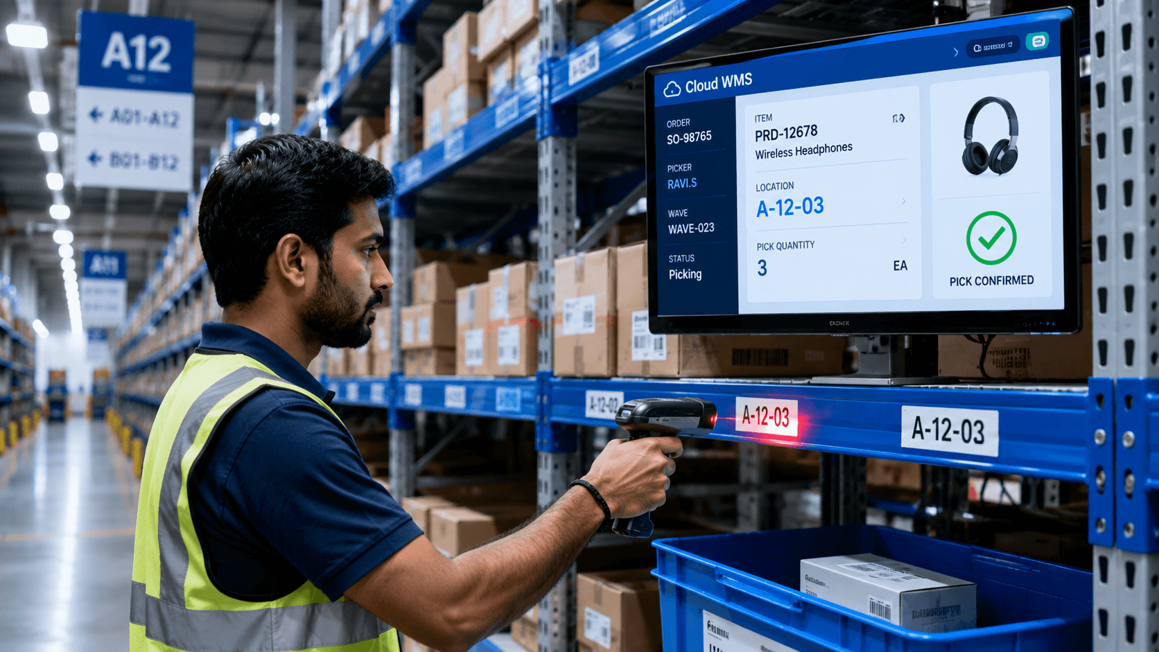 Cloud-based warehouse inventory management screen showing automated warehouse operations with live stock levels and pick paths