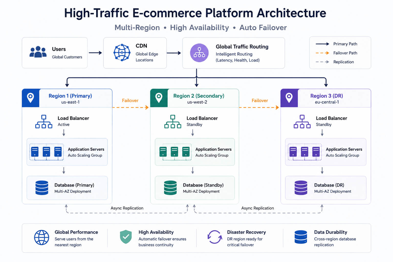Multi-region failover architecture diagram for high-traffic e-commerce platforms