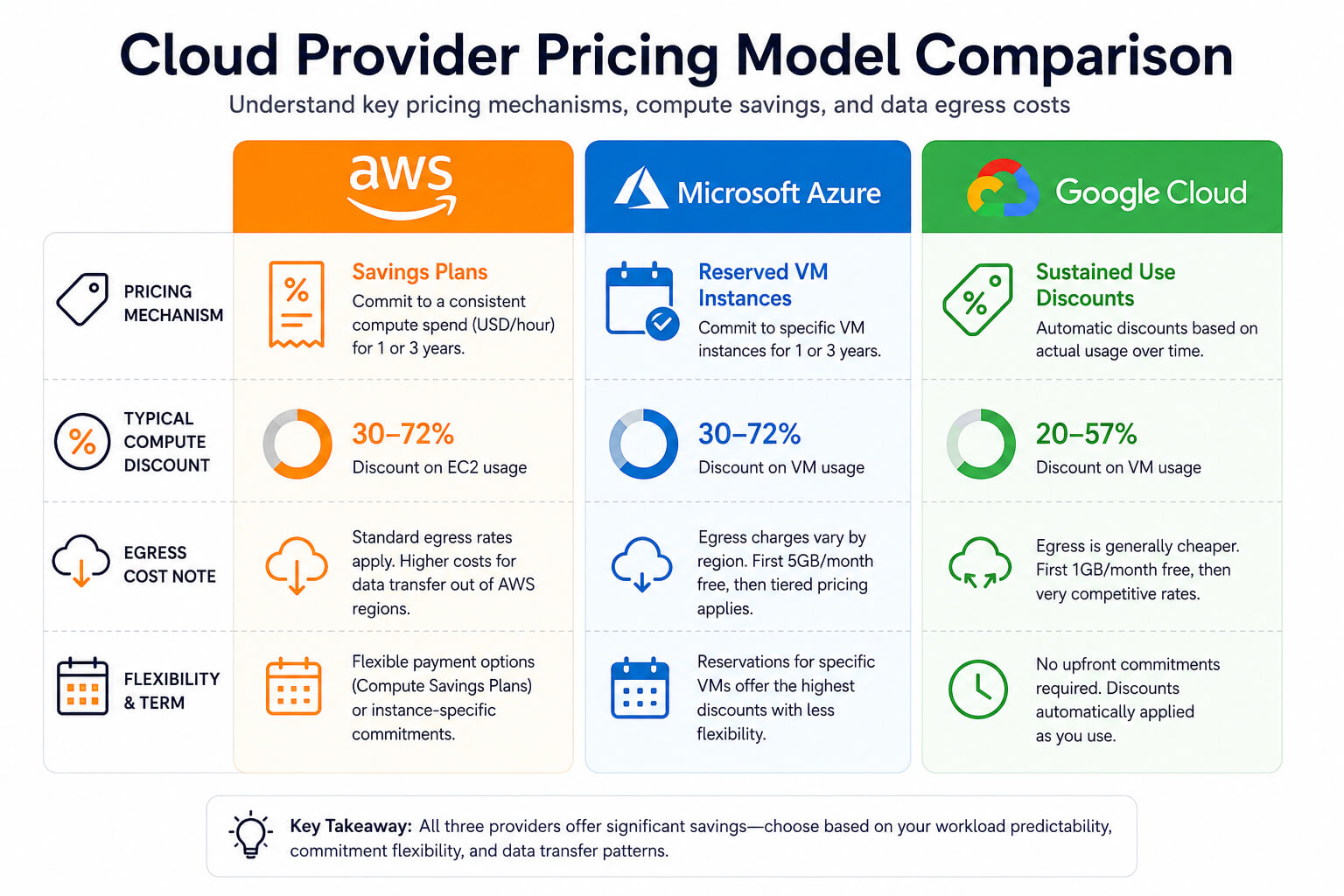 Cloud provider pricing comparison infographic showing AWS, Azure, and Google Cloud discount models