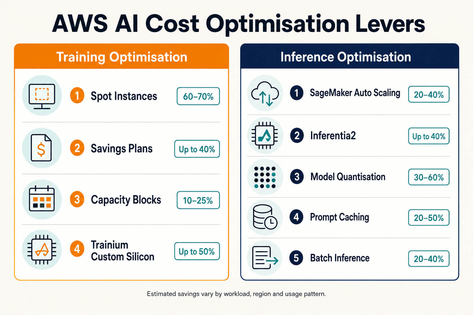 AWS AI cost optimisation levers infographic showing training and inference cost reduction techniques with savings percentages