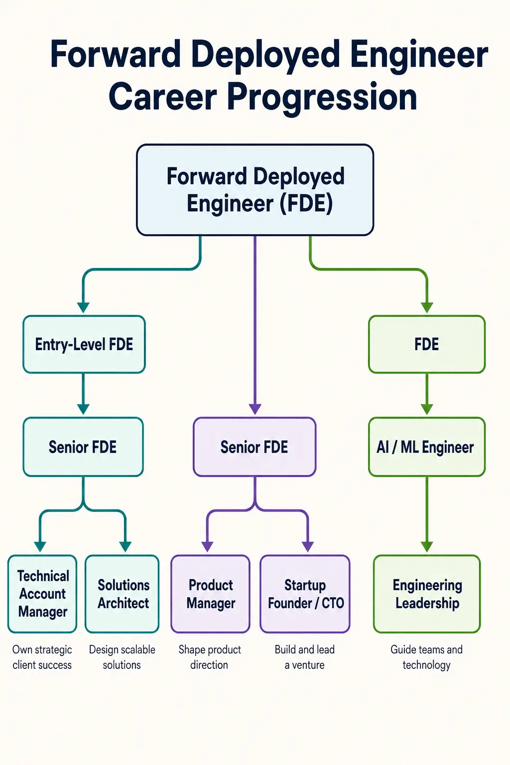 Forward Deployed Engineer career path diagram showing progression from entry-level FDE to senior, product management, startup CTO, and AI engineering roles