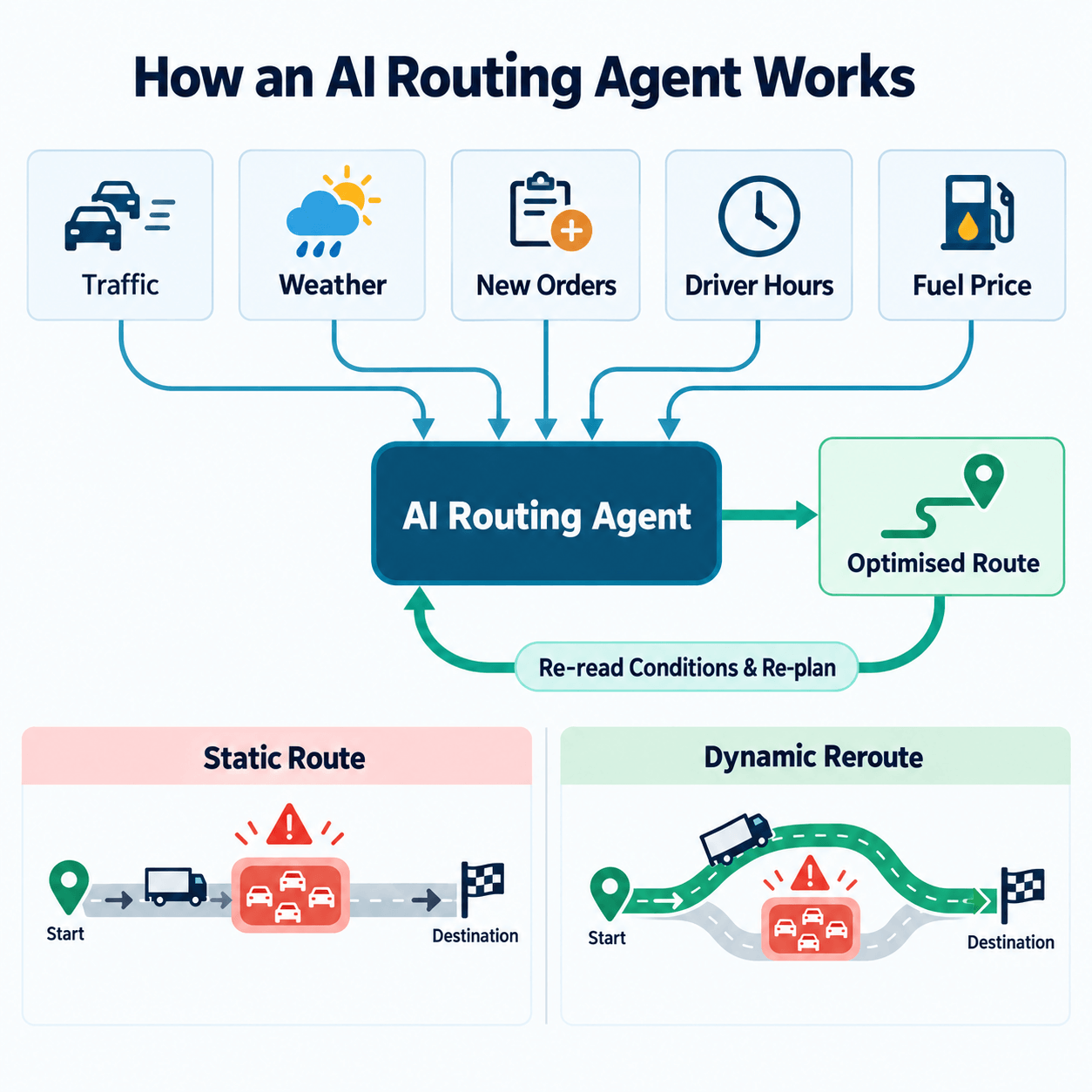 AI routing agent processing live traffic, weather, and order data to continuously re-plan optimised delivery routes