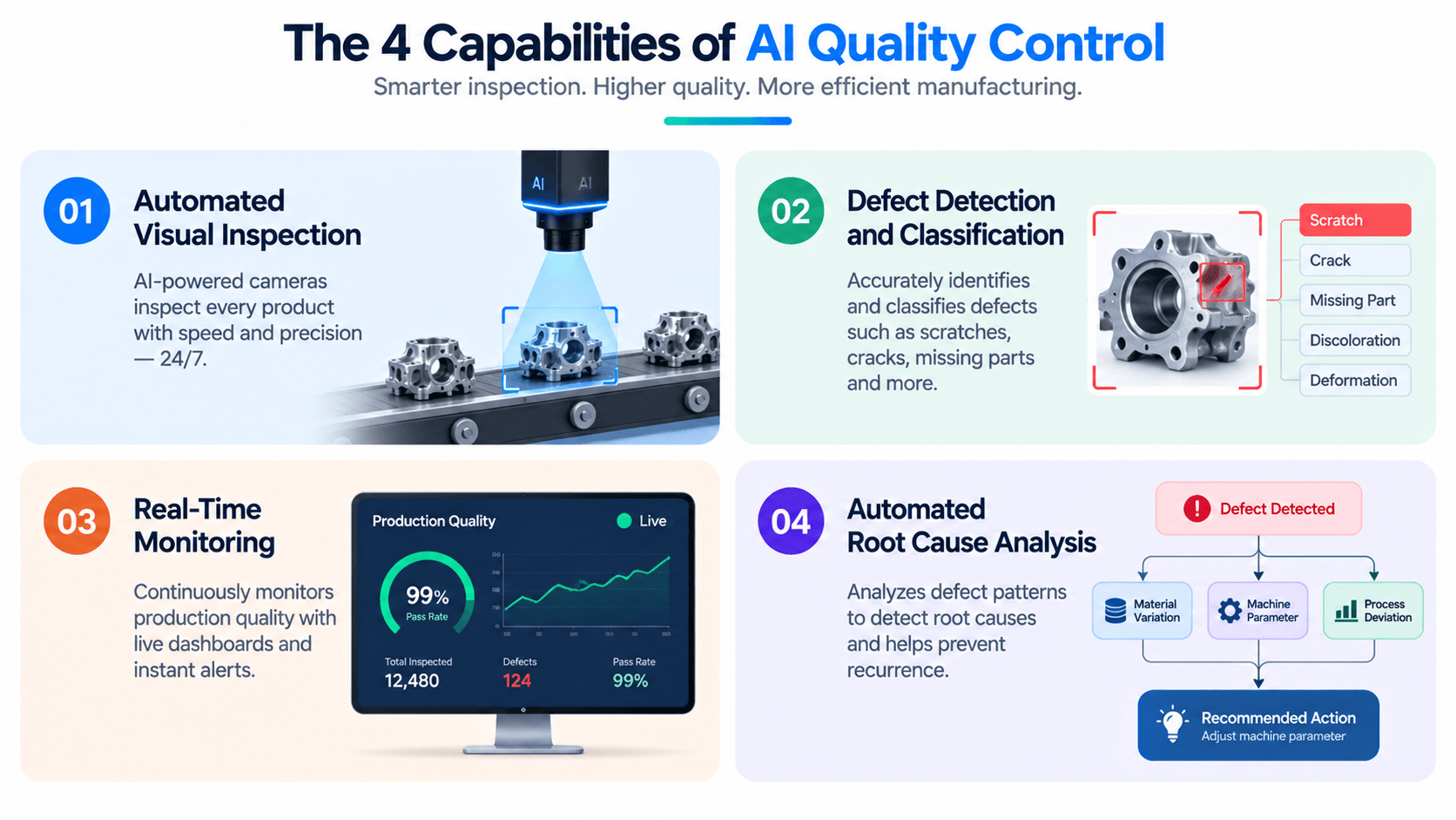 The four capabilities of AI-powered quality inspection: visual inspection, defect detection, real-time monitoring, and root cause analysis