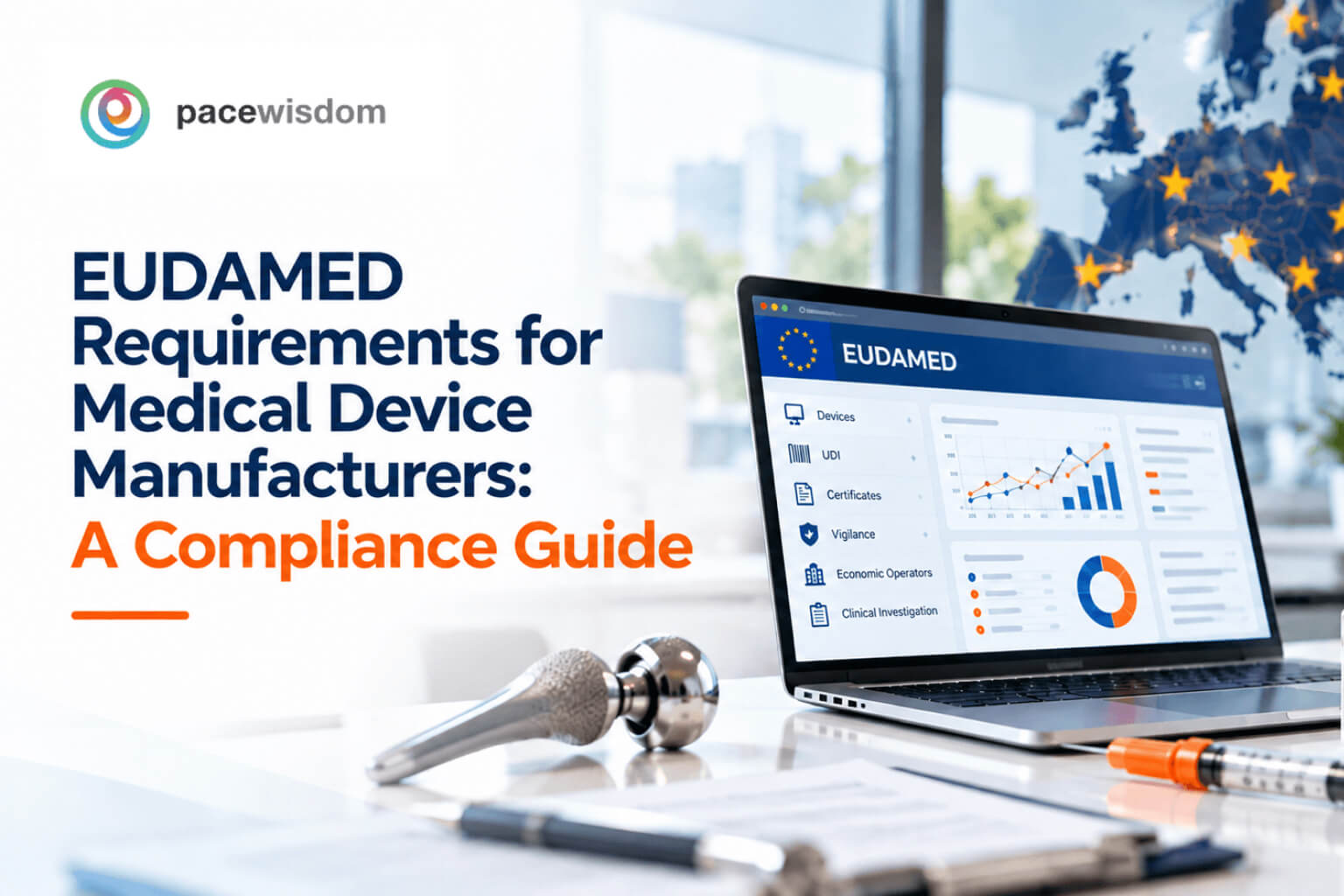 Illustration of EUDAMED requirements for medical device manufacturers, showing device data linked to the EU medical device database.