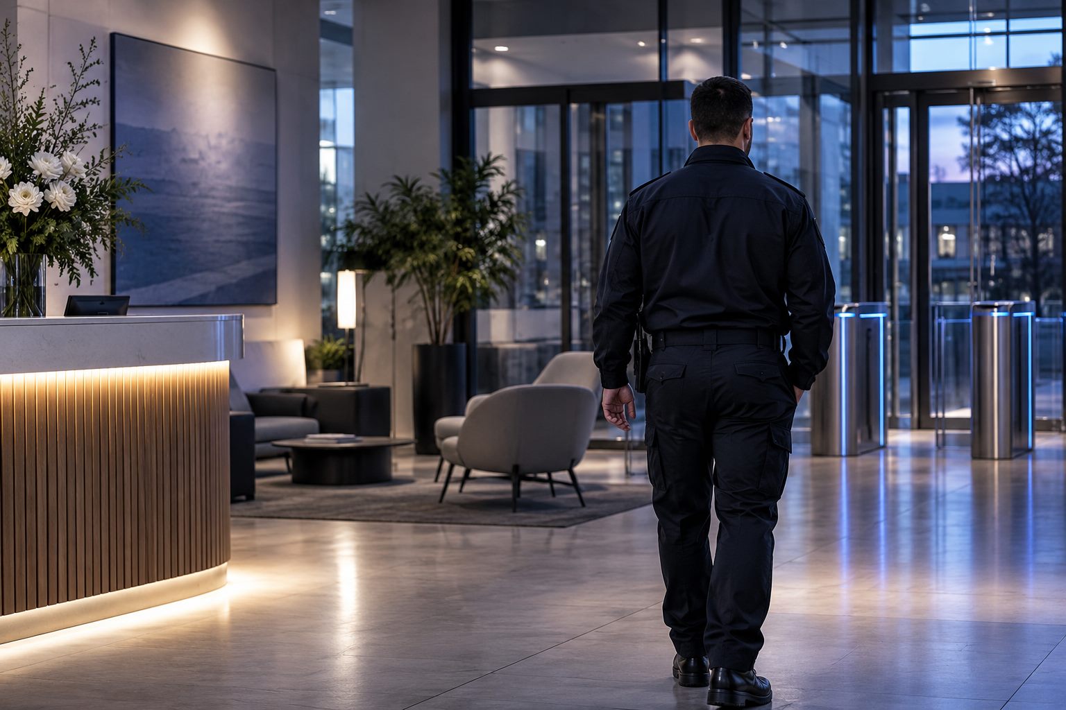 Illustration d’une ronde de sécurité dans le hall d’un bâtiment professionnel