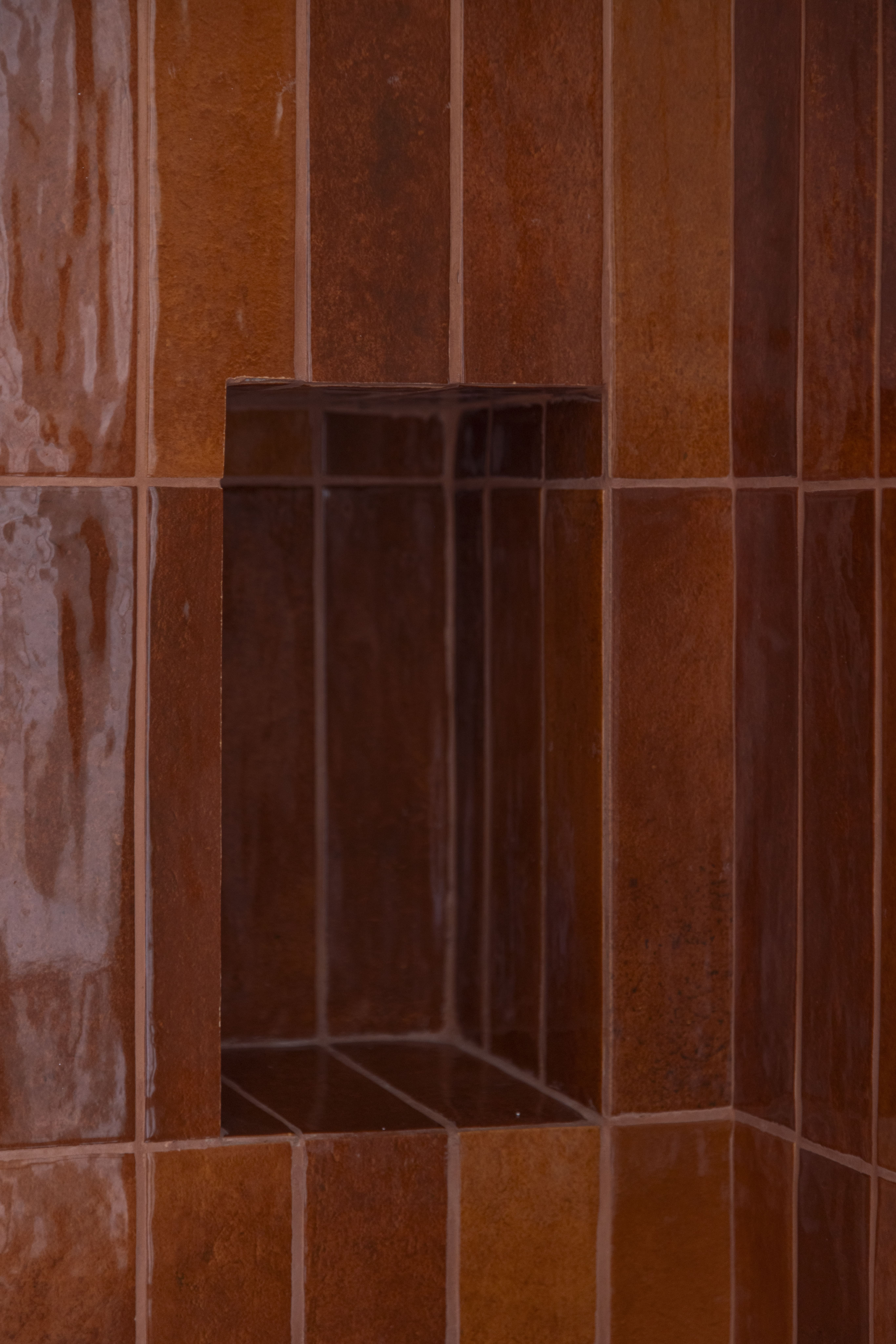 Détail de niche murale intégrée dans une douche en carrelage marron brillant