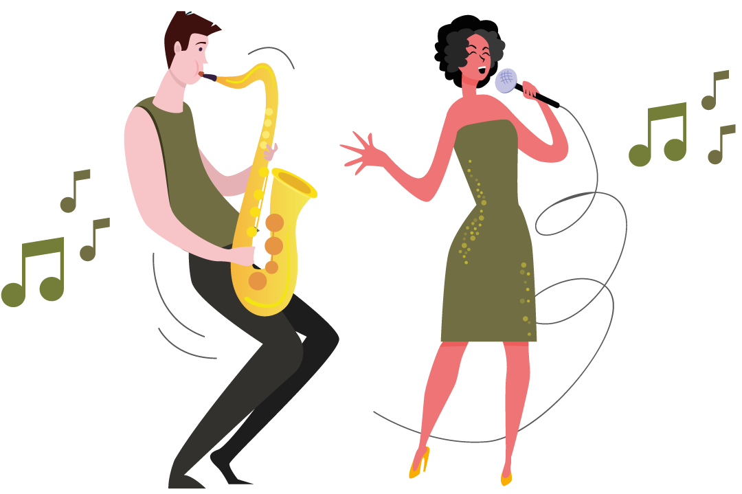 Illustration of a male musician playing a yellow saxophone and a female singer holding a microphone with musical notes around them.