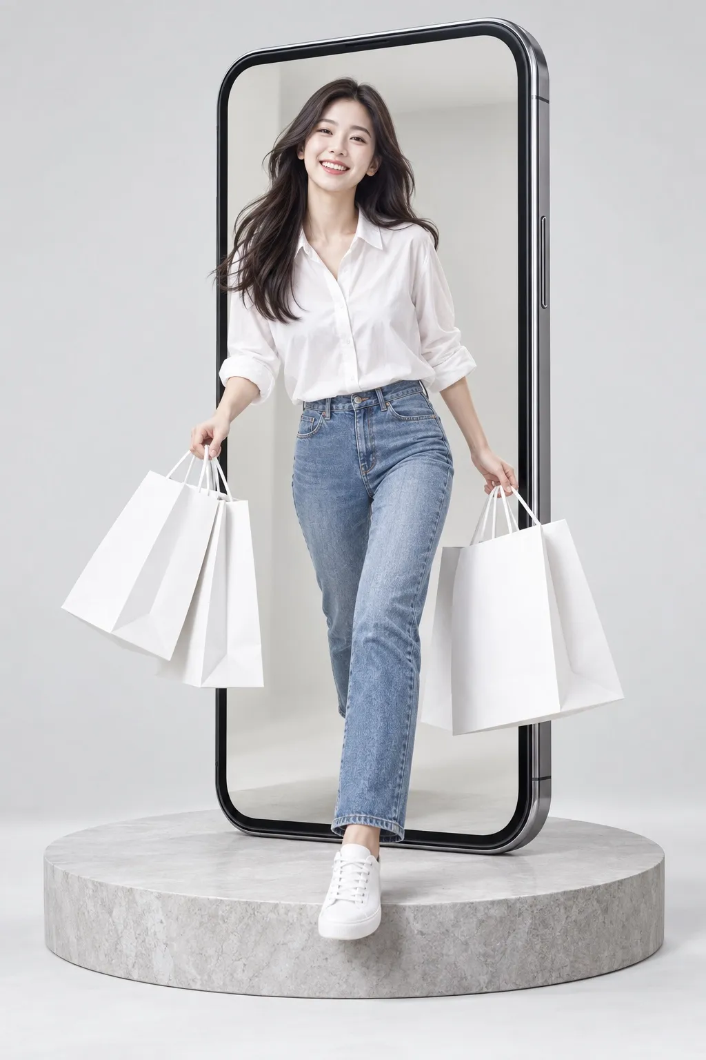 스마트폰 화면에서 쇼핑백을 들고 나오는 여성 – 미국 틱톡샵 온라인 쇼핑