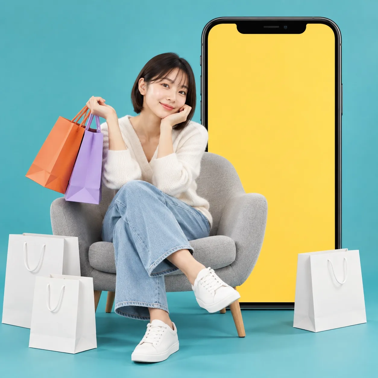 대형 스마트폰 앞에서 쇼핑백을 든 여성 – 틱톡샵 모바일 쇼핑