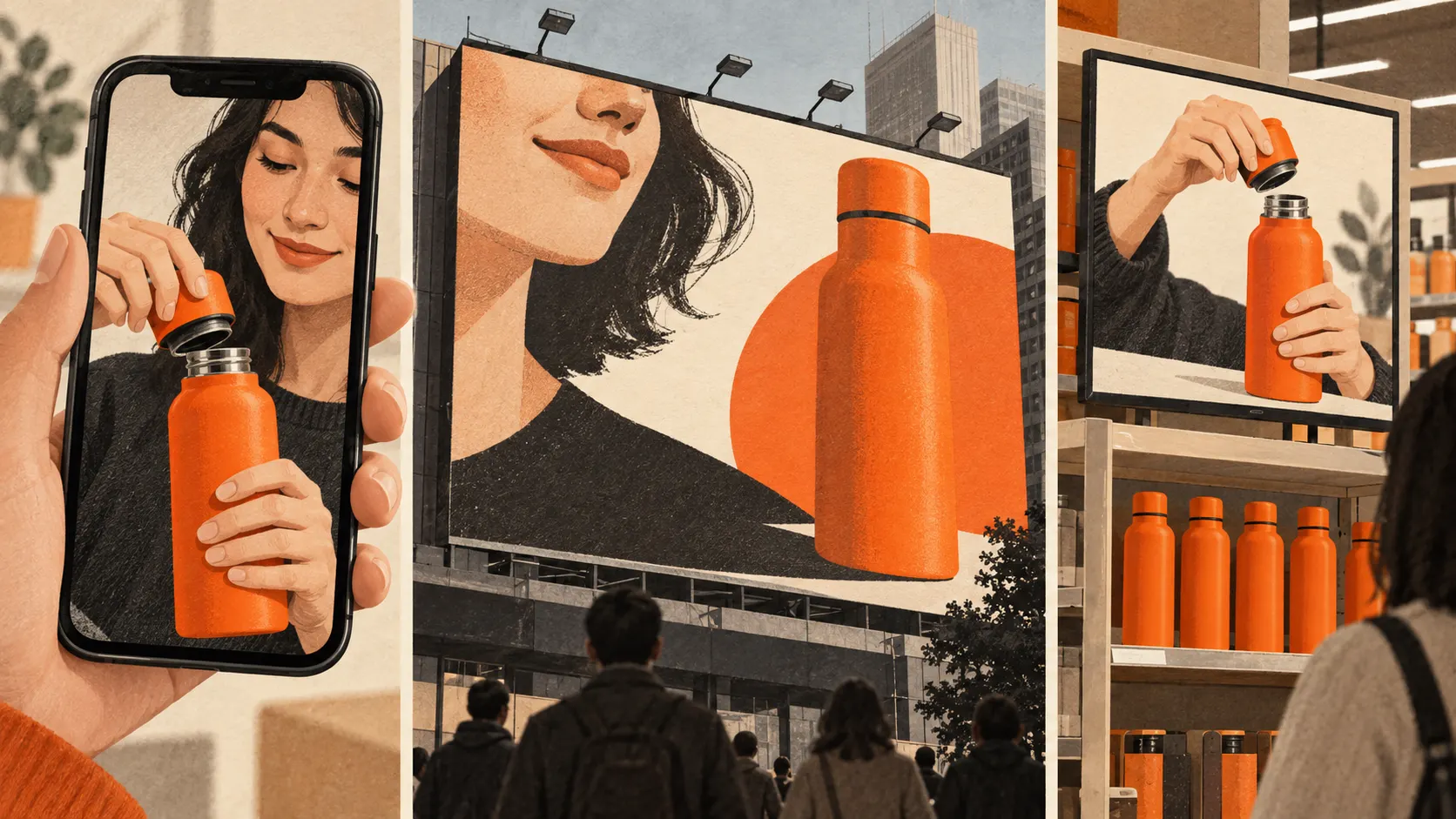 A fictional orange-bottle demonstration adapted for a handheld phone, a large billboard and an in-store screen.