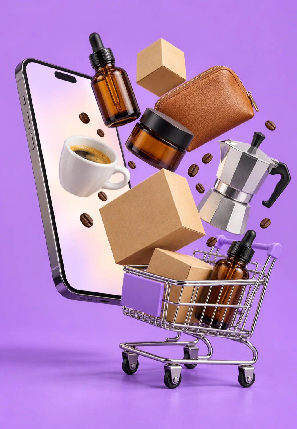 Prodotti Made in Italy escono da uno smartphone con un carrello della spesa