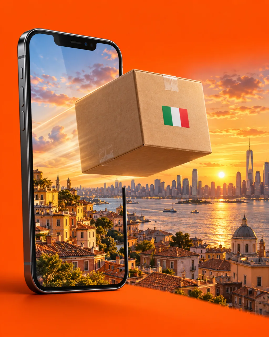 Pacco con bandiera italiana spedito verso Europa, Regno Unito e Stati Uniti