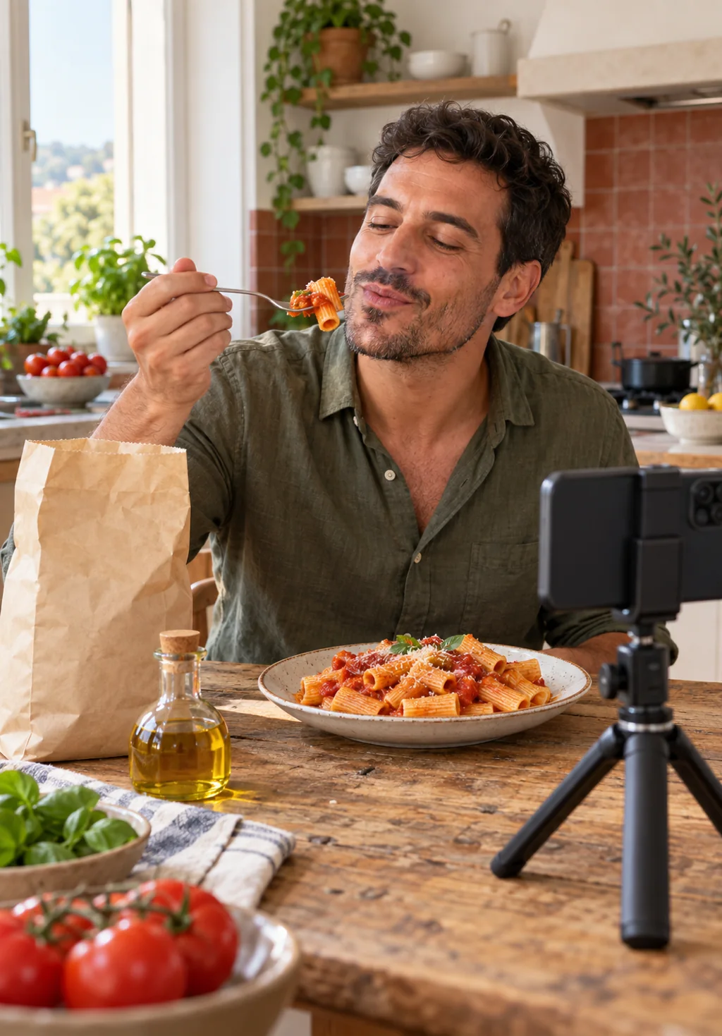 Food creator italiano assaggia pasta artigianale per una recensione su TikTok Shop