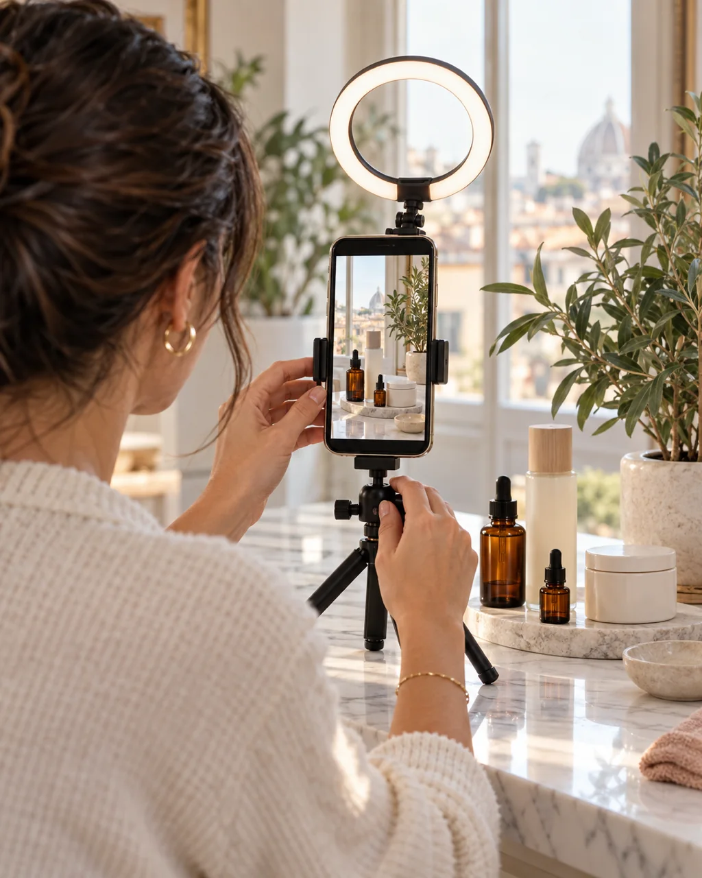 Ripresa di prodotti skincare Made in Italy con smartphone e ring light