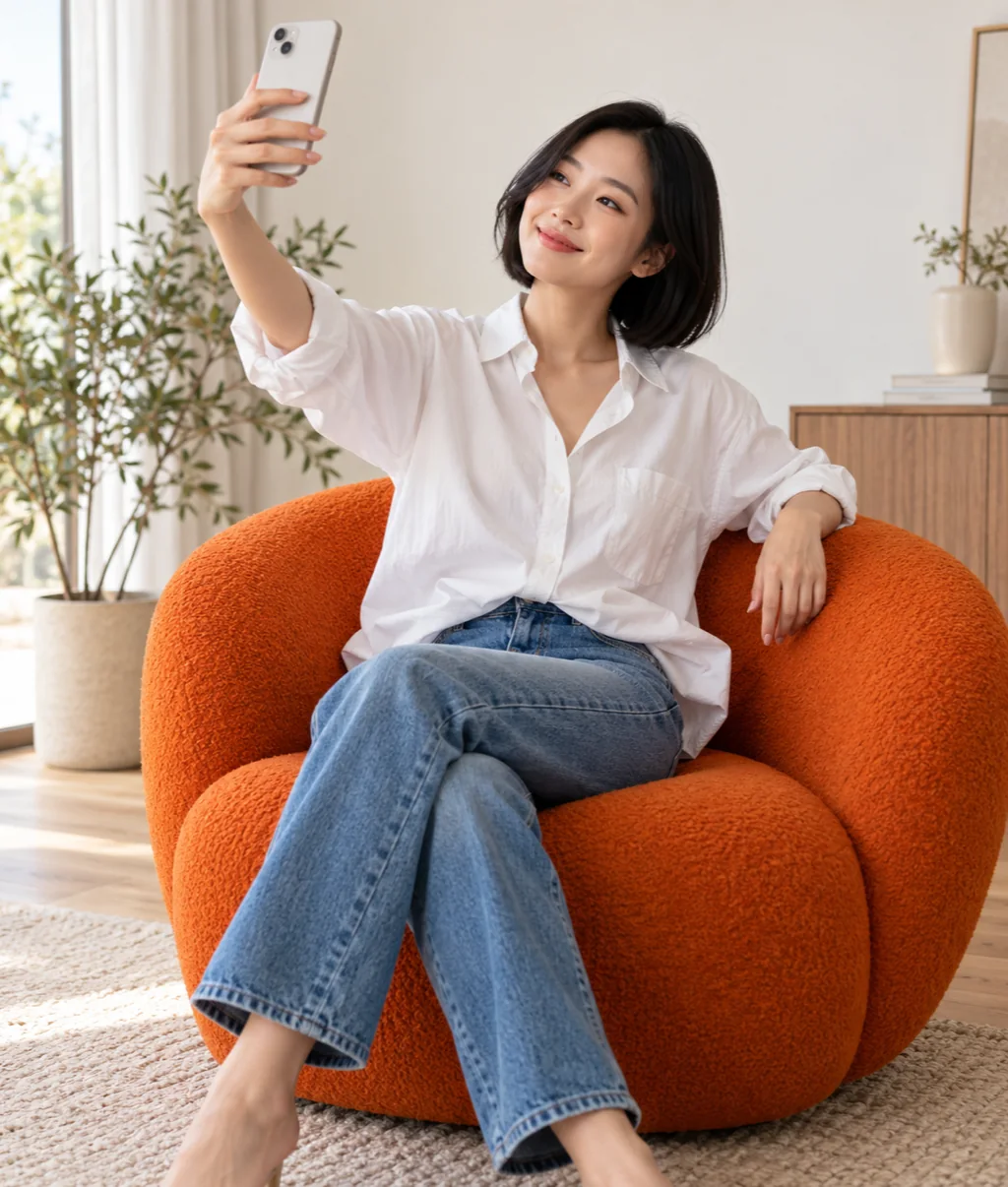 Creator asiatica registra un video UGC con lo smartphone su una poltrona arancione