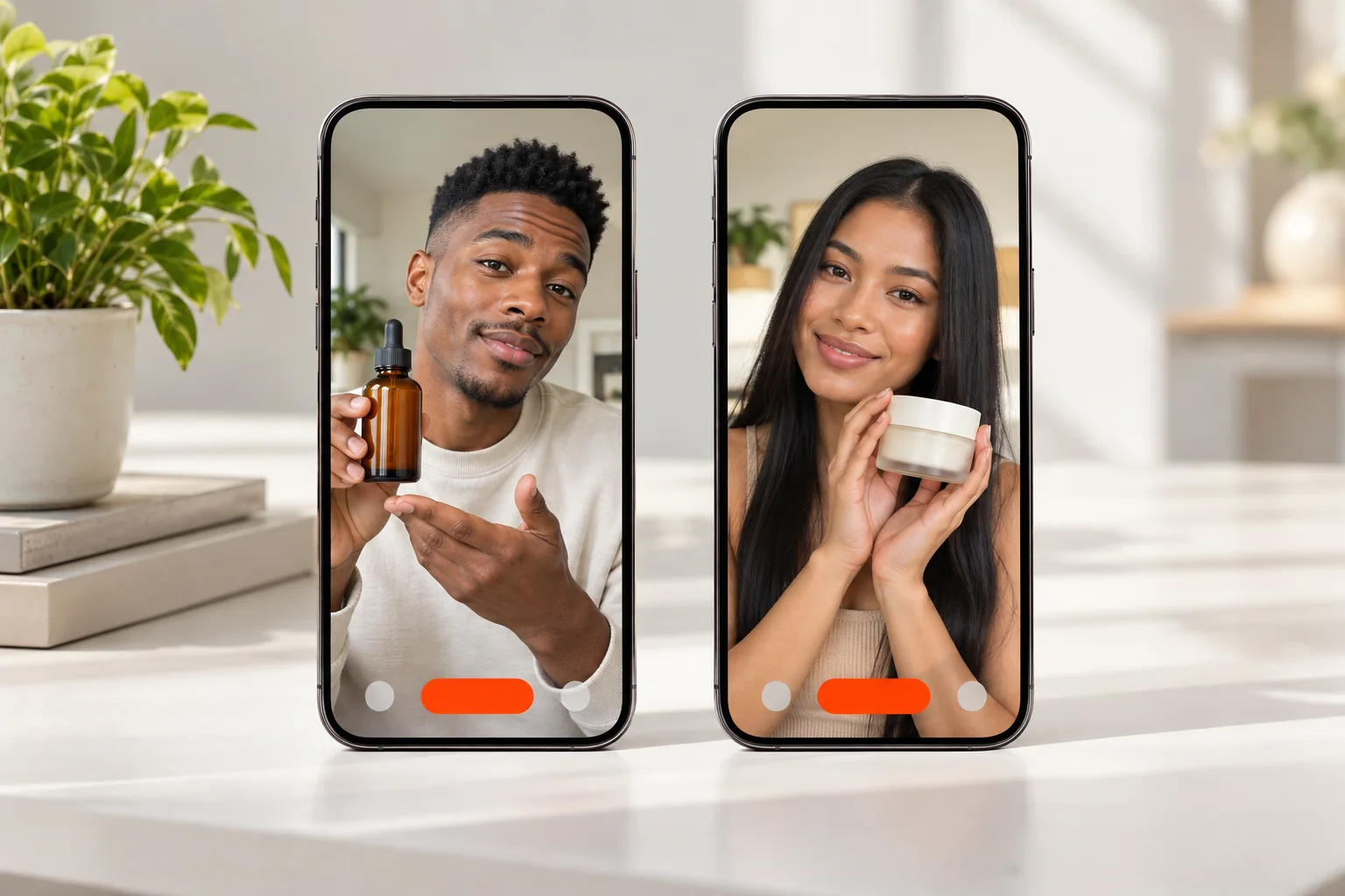 Due smartphone mostrano video ads di creator internazionali per TikTok Shop