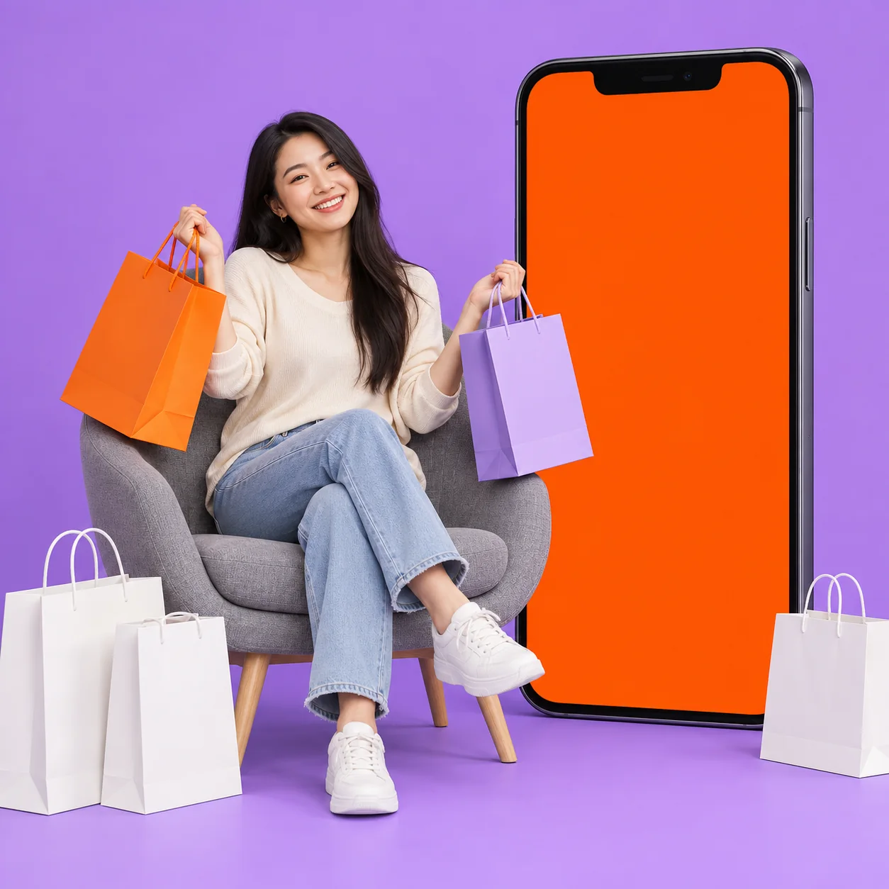 Donna asiatica con borse della spesa accanto a uno smartphone gigante