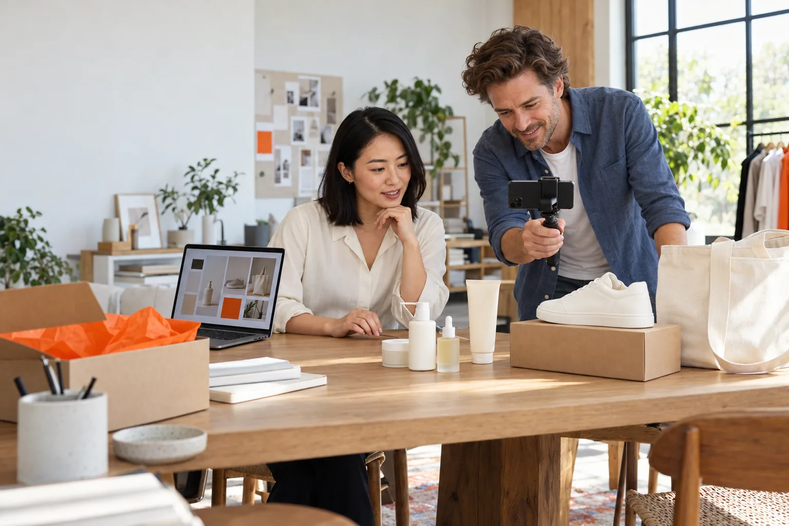 Brand founder and teammate going live with a new TikTok Shop, laptop and product samples on the desk