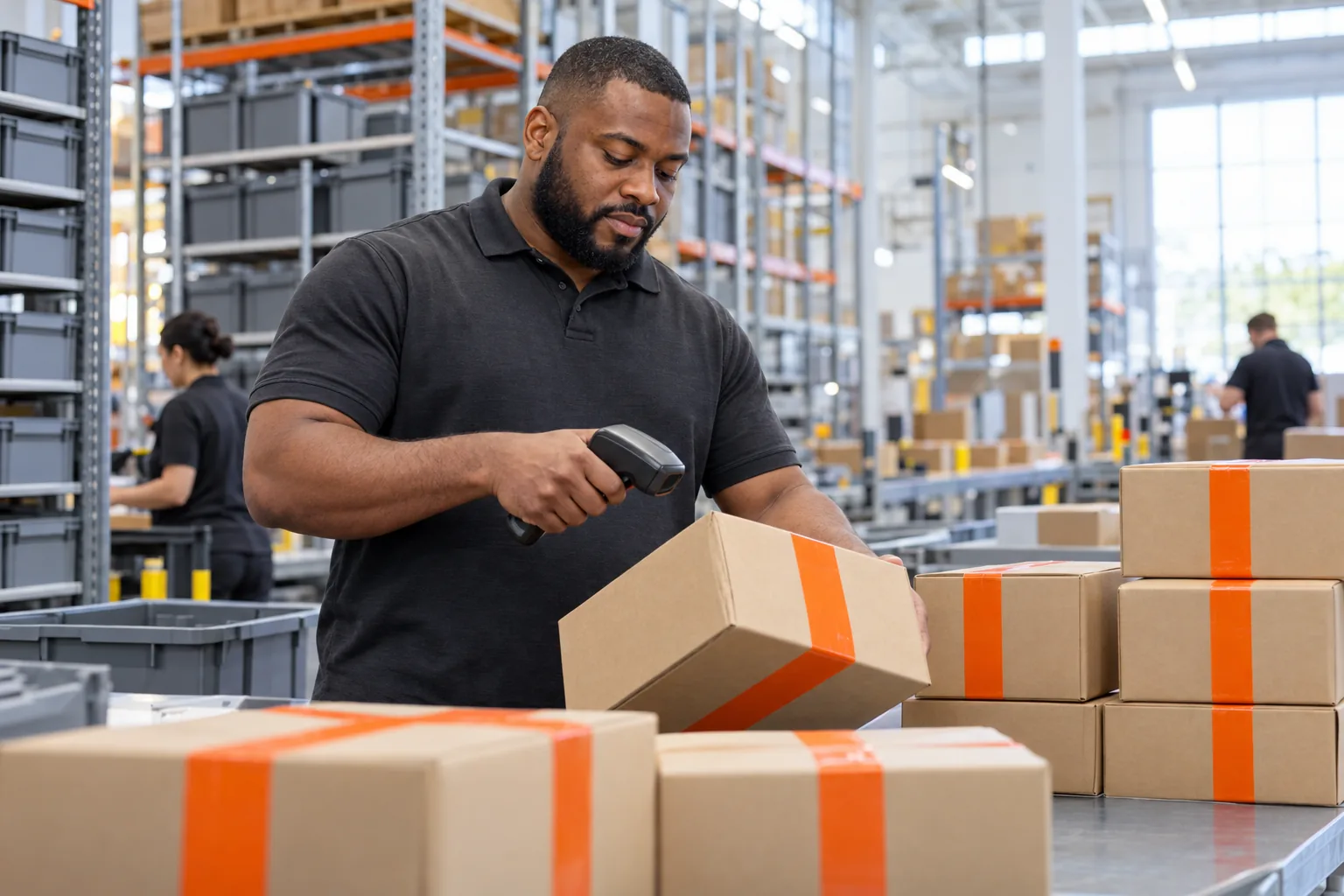 Warehouse lead scanning a parcel at a packing station before TikTok Shop launch
