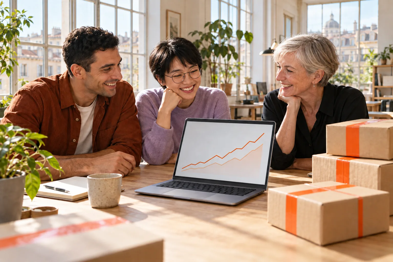 Brand team celebrating their first TikTok Shop orders around a table with parcels