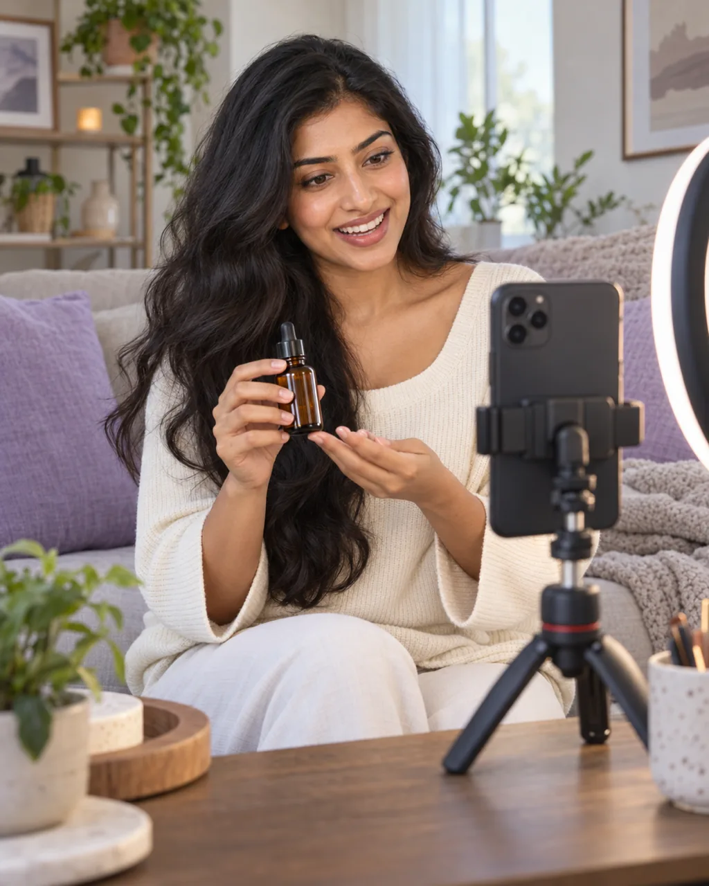 Creator filming a skincare product review with a ring light for a TikTok Shop launch
